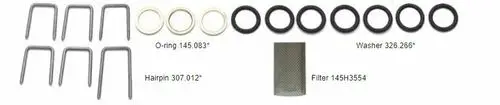 Verbindungsteile-Set für Klick-Fit-Verbindungen von Danfoss, bestehend aus verschiedenen Halterungen, Dichtungen und einem Filter, angeordnet auf einem neutralen Hintergrund.
